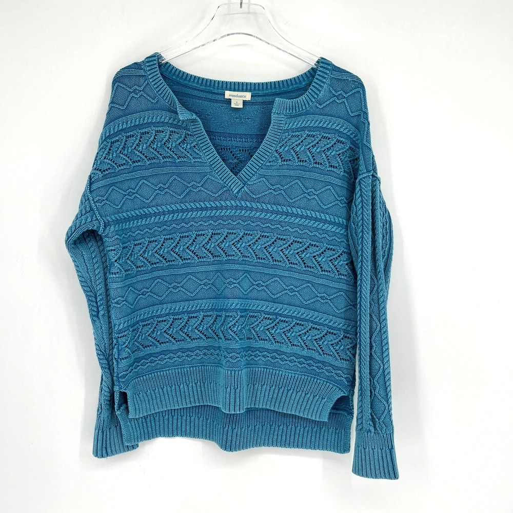 Sundance Sweater Womens‎ S Blue Cable Knit Boxy Boho Coastal Heritage